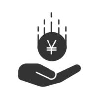 Offene Hand mit Yen-Münzen-Glyphe-Symbol. Geld sparen. Silhouette-Symbol. China und Japan Währung. negativen Raum. isolierte Vektorgrafik vektor