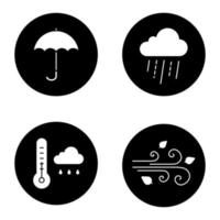 hösten väder glyf ikoner set. regnigt moln med termometer, paraply, vind som blåser. vektor vita silhuetter illustrationer i svarta cirklar
