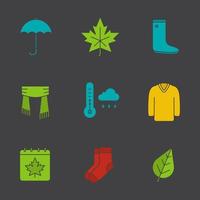 Herbst Glyphe Farbe Icon-Set. Regenschirm, warme Socken, Ahornblatt, wasserdicht, Schal, Pullover, Herbstwetter und Kalender. Silhouette-Symbole auf schwarzem Hintergrund. negativen Raum. Vektorgrafiken vektor