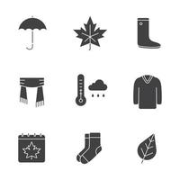 Herbst-Glyphe-Symbole gesetzt. Silhouette-Symbole. Regenschirm, warme Socken, Ahornblatt, wasserdicht, Schal, Pullover, Herbstwetter und Kalender. isolierte Vektorgrafik vektor