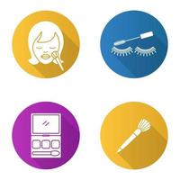 Kosmetikzubehör flaches Design lange Schatten Glyphe Icons Set. Frau mit Make-up-Pinsel, Lidschatten, Wimperntusche. Vektor-Silhouette-Abbildung vektor