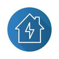 Hauselektrifizierung flaches lineares langes Schattensymbol. Stromversorgungsunternehmen. Haus mit Blitz im Inneren. Vektorumrisssymbol vektor