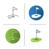 Golfplatz-Symbol. flaches Design, lineare und Farbstile. Golfflaggenstock im Loch mit Ball. isolierte vektorillustrationen vektor