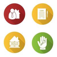 Immobilien flaches Design lange Schatten Glyphe Icons Set. Makler, Hand mit Schlüssel, Haus verkauft, Kreditvertrag. Vektor-Silhouette-Abbildung vektor