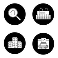 fastigheter glyf ikoner set. flervåningshus, pool, parkeringsplats, fastighetssökning. vektor vita silhuetter illustrationer i svarta cirklar