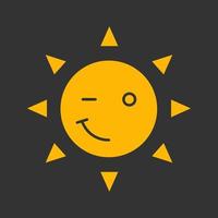 Zwinkerndes Sonnenlächeln Glyphe Farbsymbol. Emoticon. glückliches und lustiges Sonnengesicht. Silhouette-Symbol auf schwarzem Hintergrund. negativen Raum. Vektor-Illustration vektor