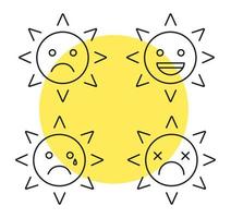 solen leenden linjära ikoner set. ledsna, gråtiga, döda, skrattande solleenden. gott och dåligt humör. tunn linje kontursymboler. isolerade vektor kontur illustrationer