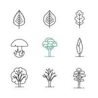 träd linjära ikoner set. poppel, björk, eklöv och träd, svamp, tall. tunn linje kontursymboler. isolerade vektor kontur illustrationer