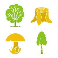 skogsbruk glyf färg Ikonuppsättning. björk, stubbe, svamp i gräs. siluett symboler på vit bakgrund. negativt utrymme. vektor illustrationer
