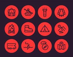 Camping, Wandern, Outdoor-Abenteuer-Symbole im linearen Stil vektor
