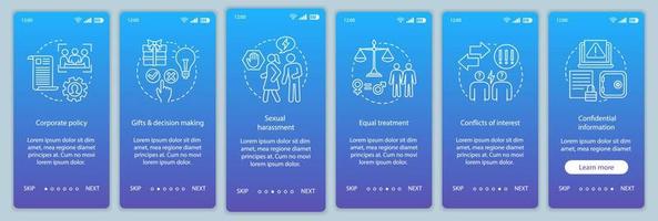 Unternehmensrichtlinien-Onboarding-Seitenbildschirmvorlage für mobile Apps. soziale Verantwortung des Unternehmens. Geschäftsethik-Walkthrough-Website-Schritte mit linearen Illustrationen. ux, ui, gui Smartphone-Schnittstelle vektor