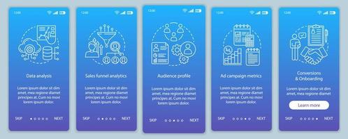 SMM-Metrikenkurse Onboarding mobiler App-Seitenbildschirmvektorvorlage. Social-Media-Marketing. Umsatzumwandlungen. Werbekampagne. Schritt für Schritt durch die Website. ux, ui, gui Smartphone-Schnittstelle vektor