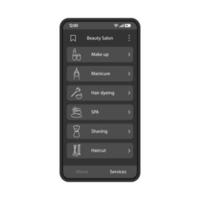 Schönheitssalon-App-Schnittstellenvektorvorlage. Mobile App-Schnittstelle schwarzes Design-Layout. Spa, Make-up, Friseur, Maniküre. flache ui. Telefondisplay mit Beauty-Service-Liste vektor
