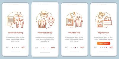 Freiwilliger wird beim Onboarding des Bildschirms der mobilen App mit linearen Konzepten. humanitäre Hilfe. Freiwilligendienst Walkthrough Schritte grafische Anweisungen. ux, ui, gui-Vektorvorlage mit Illustrationen vektor