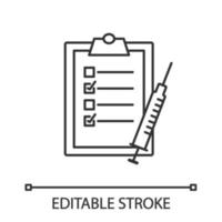 Lineares Symbol für die Liste der Impfungen. dünne Linie Abbildung. routinemäßige medizinische Aufnahmen. Impfplan des Patienten. Checkliste für Impfungen. Kontursymbol. Vektor isolierte Umrisszeichnung. bearbeitbarer Strich