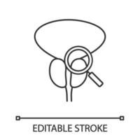 prostata undersökning, kontrollera linjär ikon. tunn linje illustration. digital rektal undersökning. prostatacancer diagnos och tester. kontur symbol. vektor isolerade konturritning. redigerbar linje