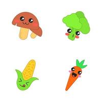 Gemüse süße kawaii Vektorzeichen. Pilze mit lächelndem Gesicht. glückliche Karotte und Mais. Brokkoli küssen. lachendes Essen. lustiges Emoji, Emoticon, Lächeln. isolierte Cartoon-Farbillustration vektor