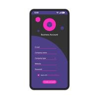 Erstellen Sie eine Vektorvorlage für die Smartphone-Schnittstelle des Geschäftskontos. Mobile Registerseite schwarzes Design-Layout. Anmeldefeld-App-Bildschirm. flache ui für die anwendung. Formular zur Firmenanmeldung. Telefondisplay vektor