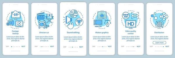 videoproduktion onboarding mobil app sida skärm vektor mall. filmframställningsprocessen. filmindustrin. genomgång av webbplatssteg med linjära illustrationer. ux, ui, gui smartphone gränssnitt koncept