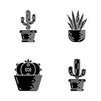 Hauskaktus im Topf Glyphe Icons Set. saftig. Zebrakaktus, Peyote, mexikanischer Riese, Saguaro. Kakteengartensammlung. Silhouette-Symbole. isolierte Vektorgrafik vektor