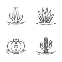 wilde Kakteen in linearen Bodensymbolen eingestellt. tropische Sukkulenten. stachelige Pflanzen. mexikanischer Riese, Saguaro, Peyote, Zebrakaktus. dünne Linienkontursymbole. isolierte Vektor-Umriss-Symbole. bearbeitbarer Strich vektor