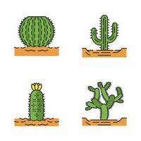 Wilde Kakteen in Land Color Icons Set. tropische saftig. stachelige Pflanze. Fasskaktus, Cholla, Saguaro, Igelkaktus. isolierte vektorillustrationen vektor