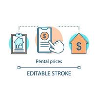 Symbol für das Konzept der Mietpreise. Gebühren für Immobilienmakler. Haus zu verkaufen. Vertrag, Telefonbildschirm, Hand, Haus. Immobilien-Leasing-Idee dünne Linie Abbildung. Vektor isolierte Umrisszeichnung. bearbeitbarer Strich