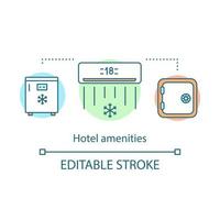 Symbol für das Konzept der Hotelausstattung. Kühlschrank, Klimaanlage, Safe. Zimmerservice. Das Hotel verfügt über eine dünne Linie der Idee. Vektor isolierte Umrisszeichnung. bearbeitbarer Strich