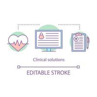 Symbol für das Konzept der klinischen Lösung. medizinische Behandlungsidee dünne Linie Illustration. ärztliche Verordnung. Kardiologie. Diagnostik. Gesundheitspflege. Patientenkarte. Vektor isolierte Umrisszeichnung. bearbeitbarer Strich