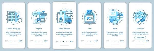 online dating onboarding mobil app sida skärm vektor mall. välj, registrera, chatta, träffa, förälska dig webbplatsinstruktioner med linjära illustrationer. ux, ui, gui smartphone gränssnitt koncept