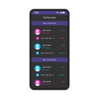 samtalsinspelare smartphone gränssnitt vektor mall. mobil app sida svart design layout. inkommande röstbrevlåda, ljudmeddelandeskärm. platt UI för applikation. ljudinspelningar, medialista. telefonens display