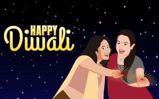 Zwei Frauen feiern Diwali mit Feuerwerk, glückliche Diwali-Vektorillustration. vektor