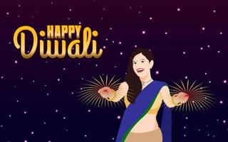 schönes Mädchen, das Diwali mit Feuerwerk feiert, glückliche Diwali-Vektorillustration. vektor