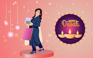 indiska kvinnor med shoppingväska och lådor på kreativ glad diwali bakgrund, glad diwali illustration för försäljning banner och sociala medier marknadsföring bakgrund. med glad diwali-typografi. vektor