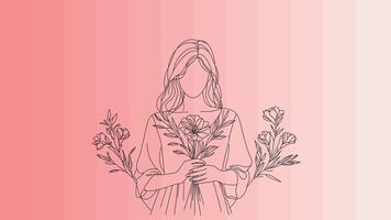 en teckning av en kvinna stående medan innehav en färgrik bukett av blommor i henne händer. vektor, affisch, målning, klotter, handgjorda, vår vektor