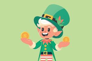 Elf Heilige Patrick steht im ein Grün passen und schüttelt Gold Münzen im seine Hände wie ein Symbol von gut Glück, Heilige Patrick's Tag, isoliert. symbolisieren Glück oder Wohlstand. Sanft Hintergrund. vektor