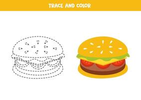 spår och Färg söt tecknad serie hamburgare. tryckbar kalkylblad för barn. vektor