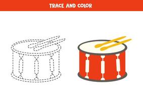spår och Färg söt tecknad serie trumma. tryckbar kalkylblad för barn. vektor