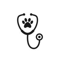 stetoskop silhuett med djur- Tass skriva ut symbol. veterinär medicin logotyp, vektor illustration.