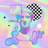 3d tolkning sammansättning av gammal grekisk staty huvud i pixel konst stil med glitchy effekt och y2k flytande slem blobbar. begrepp av klassisk konst i modern stilisering. vaporwave vektor design.