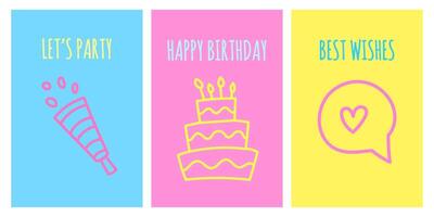 födelsedag klotter kort uppsättning, ljus Färg Lycklig födelsedag affischer, vykort, firande, hälsning kort, hand ritade, kaka, smällare, hjärta, vektor illustration