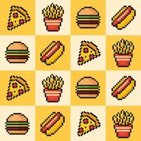 schnell Essen nahtlos Muster, Pixel Kunst, Scheibe von Pizza, Französisch Fritten, Burger, heiß Hund, 90er, 80er, 8 Bit, alt Arkade Spiel Stil, Vektor Illustration