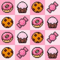 Süßigkeiten nahtlos Muster, Pixel Krapfen, Cupcake, Plätzchen, Süssigkeit, 8 Bit, alt Arkade Spiel Stil, Süss Essen Hintergrund, Hintergrund, Vektor Illustration