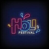 Neon- Zeichen holi Festival mit Backstein Mauer Hintergrund Vektor