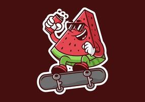 Charakter von rot Wassermelone auf das Skateboard. halten ein Bier können vektor