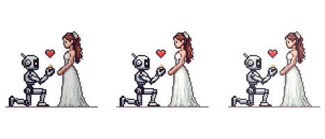 Vektor Pixel Symbol mit ein Roboter Stehen auf einer Knie im Vorderseite von ein Mädchen im ein Weiß Hochzeit Kleid, im seine Hände er hält ein Ring, Hochzeit von ein Roboter und ein Mensch auf ein Weiß Hintergrund