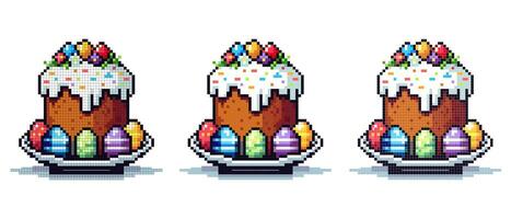 Vektor Pixel Symbol mit Ostern Kuchen auf ein groß Platte, um es sind mehrfarbig farbig Eier auf ein Weiß Hintergrund, Ostern Urlaub