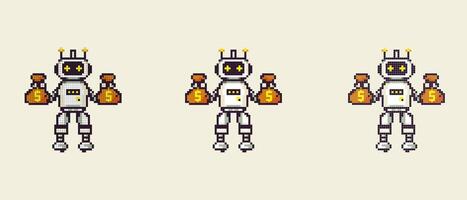 Vektor Pixel Symbol mit ein Roboter halten Gold im seine Hände auf ein Weiß Hintergrund