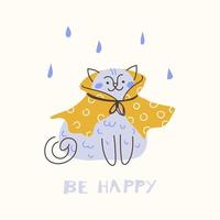 söt katt i kläder i regnet, var glad. hand rita doodle illustration vektor