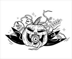 handgezeichnete Vektorillustration. gruseliger Halloween-Kürbis für T-Shirt-Druck, Poster, Flyer, Einladung. schwarzer Umriss vektor